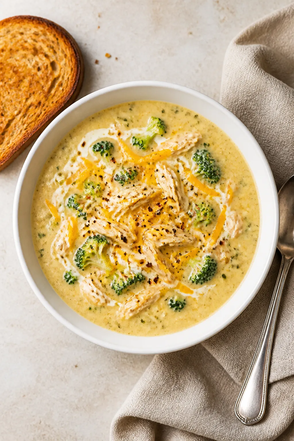 Tasty top view: Overhead shot of High Protein Broccoli Cheddar Chicken Soup just ladled into a wide