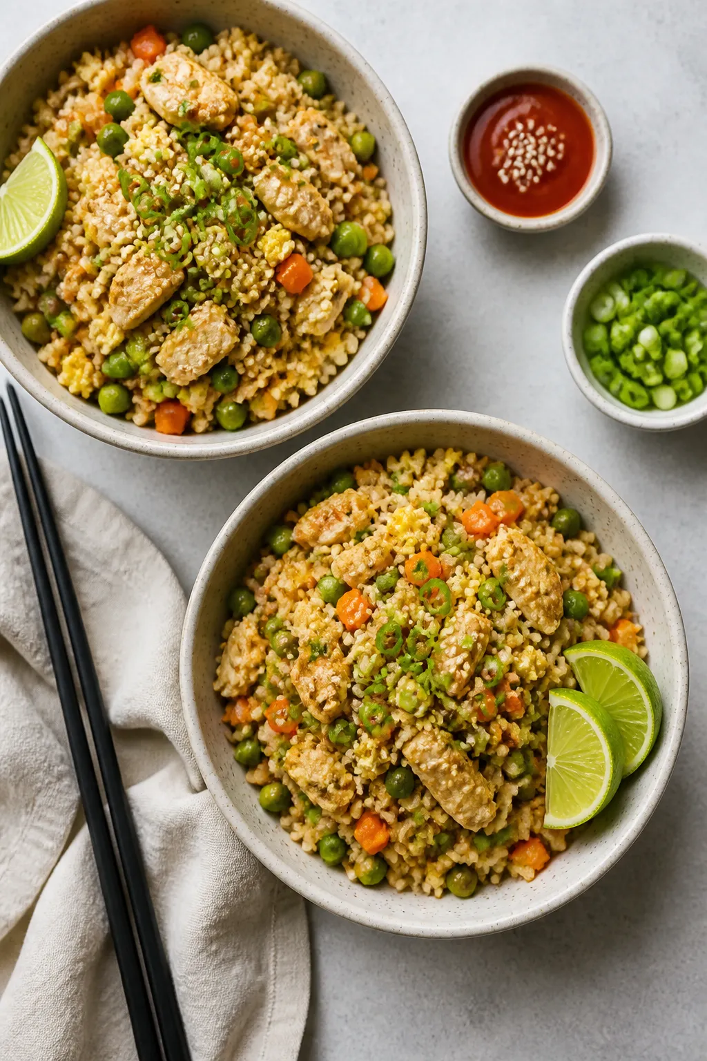 Tasty top view: Overhead shot of High Protein Chicken Fried Rice spooned into two minimalist ceramic