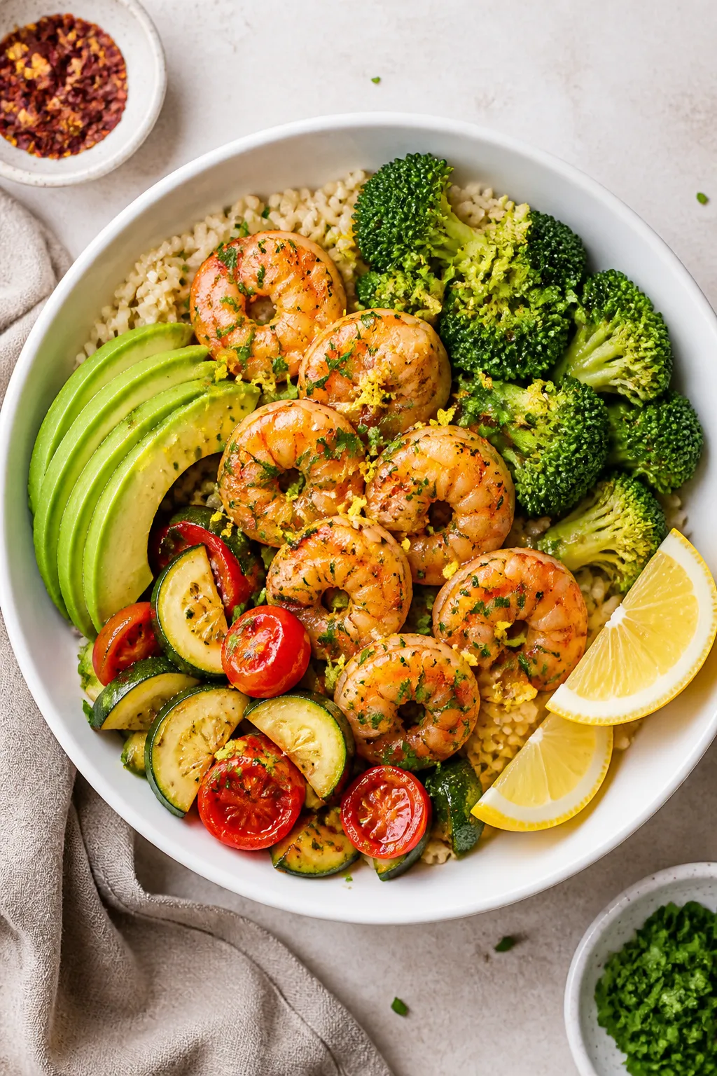 Tasty top view: Overhead shot of High Protein Garlic Butter Shrimp Bowls assembled on warm brown ric