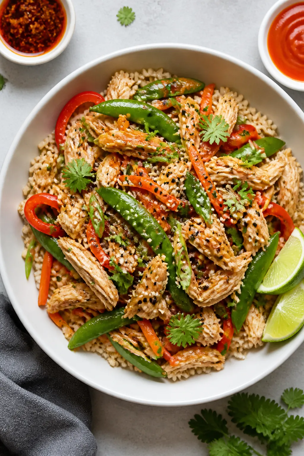 Tasty top view: Overhead shot of High Protein Rotisserie Chicken Stir Fry served over fluffy brown r