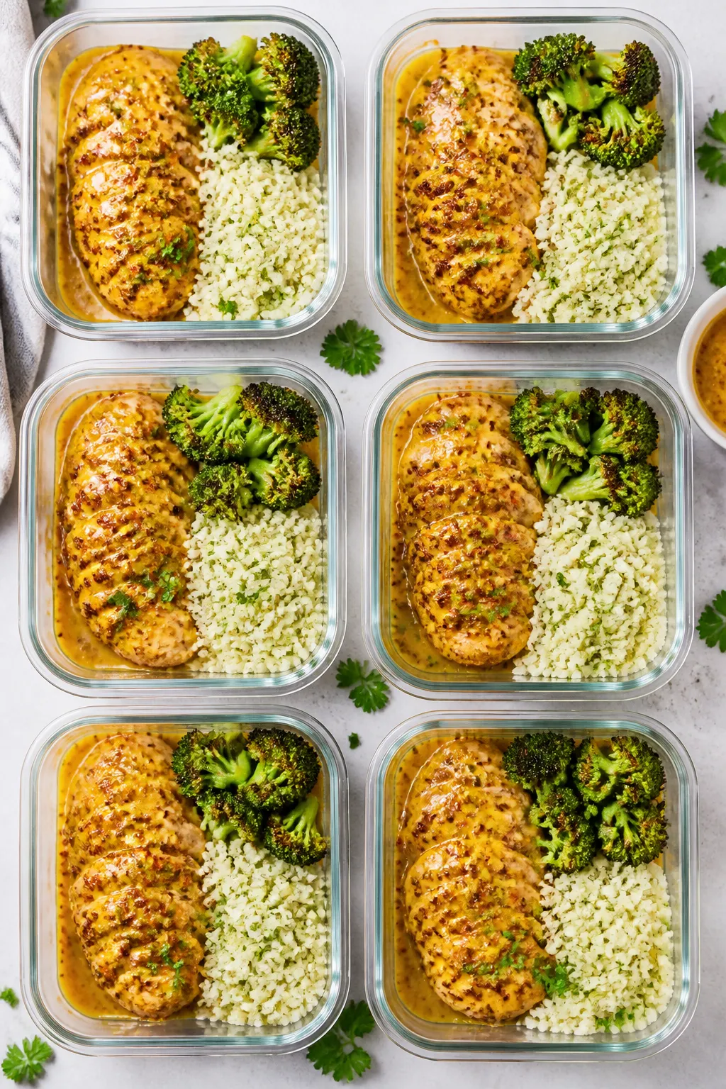 Tasty top view: Overhead shot of honey mustard chicken meal prep containers—neatly portioned chick