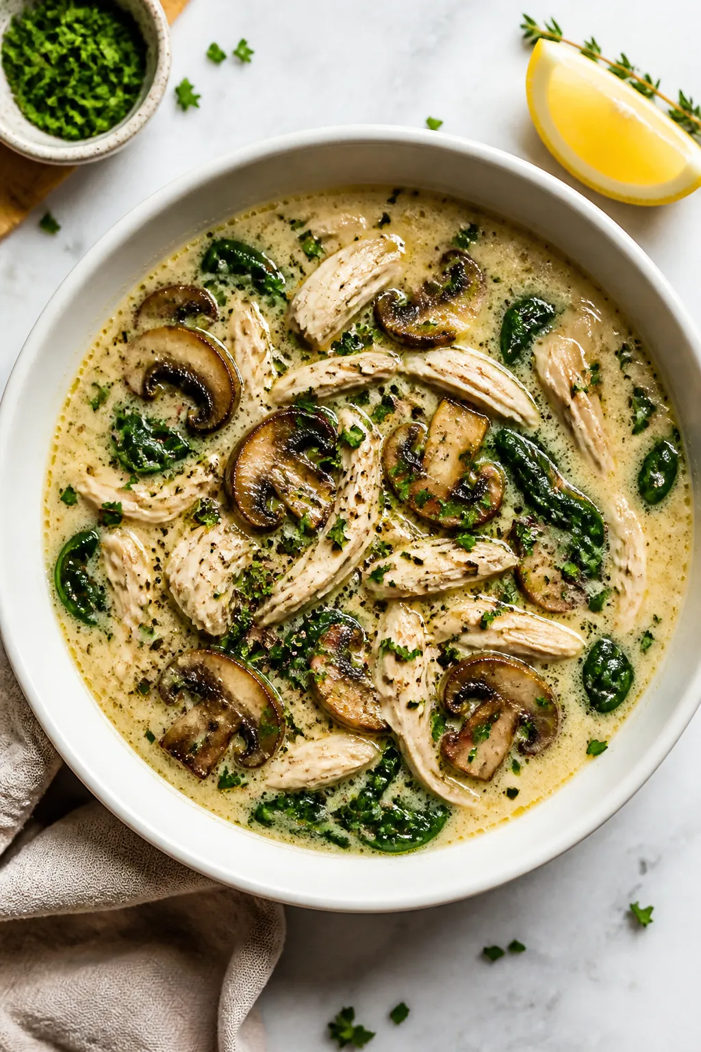 Tasty top view: Overhead shot of low carb chicken mushroom soup in a matte white bowl, showing shred