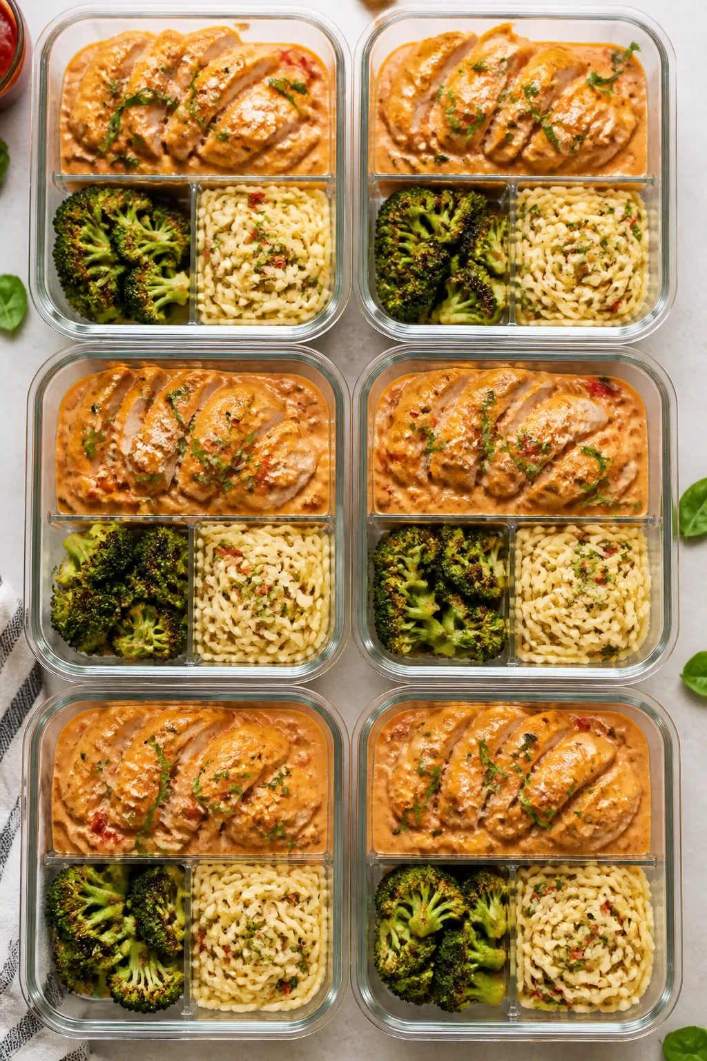 Tasty top view: Overhead shot of Marry Me Chicken meal prep containers arranged neatly—sliced chic