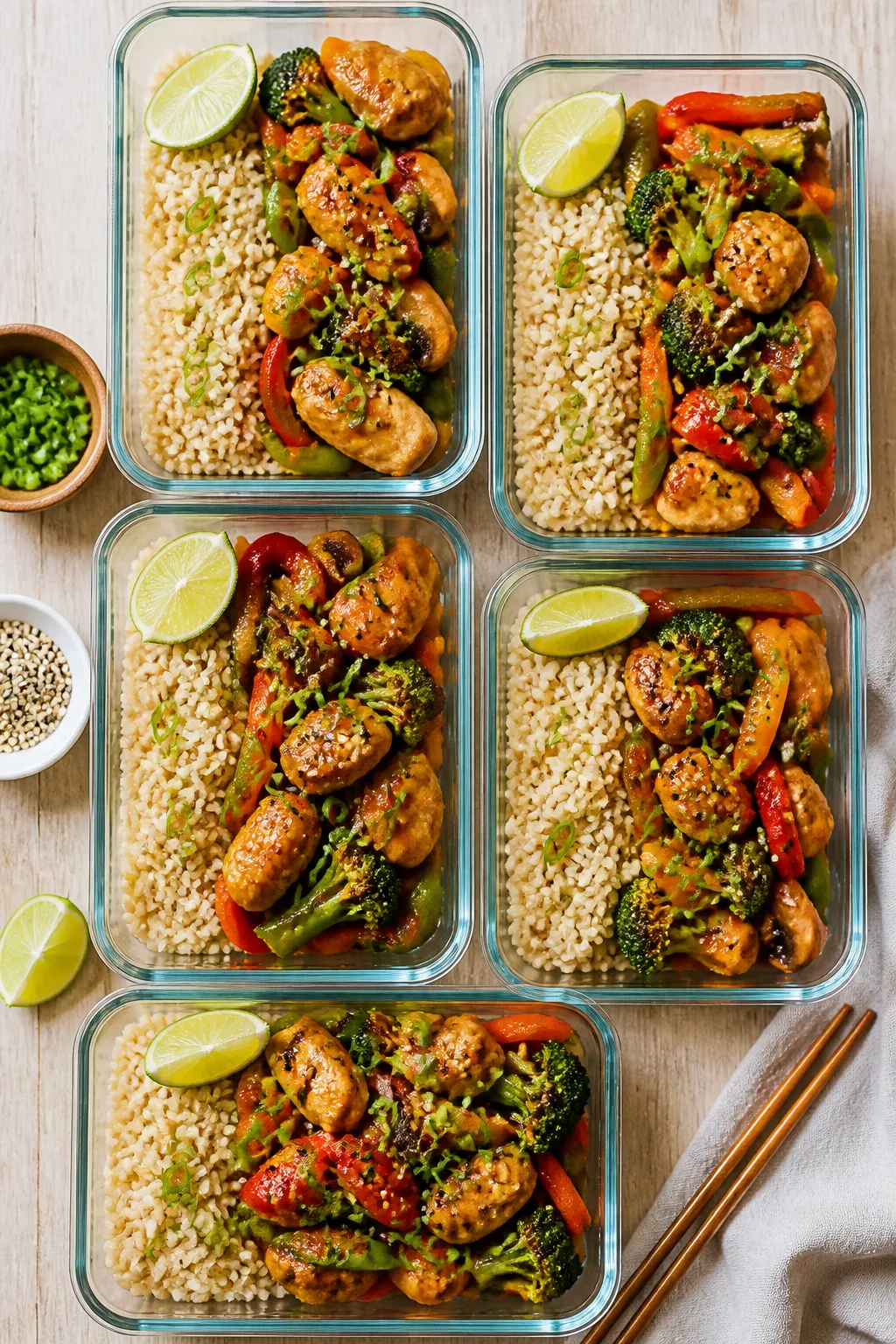 Tasty top view: Overhead shot of meal-prep containers neatly arranged, each with a bed of fluffy bro