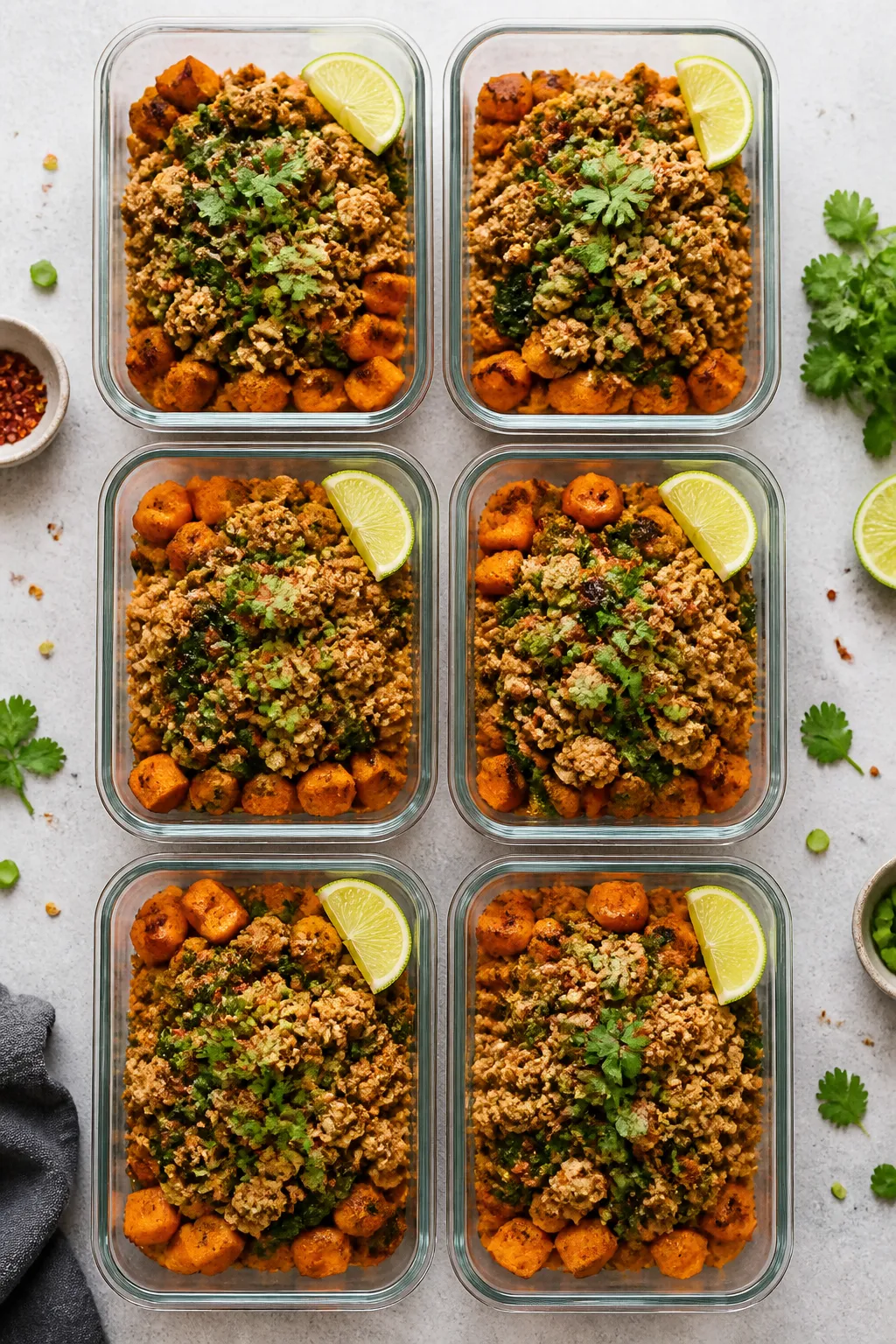Tasty top view: Overhead shot of meal prep containers neatly arranged in a grid, each filled with a 