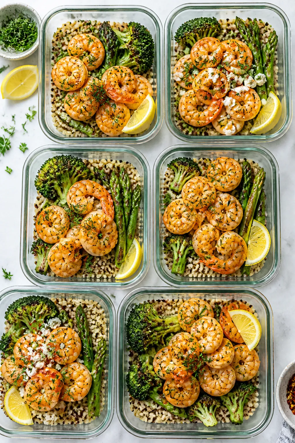 Tasty top view: Overhead shot of meal prep containers neatly arranged, each with a base of fluffy qu