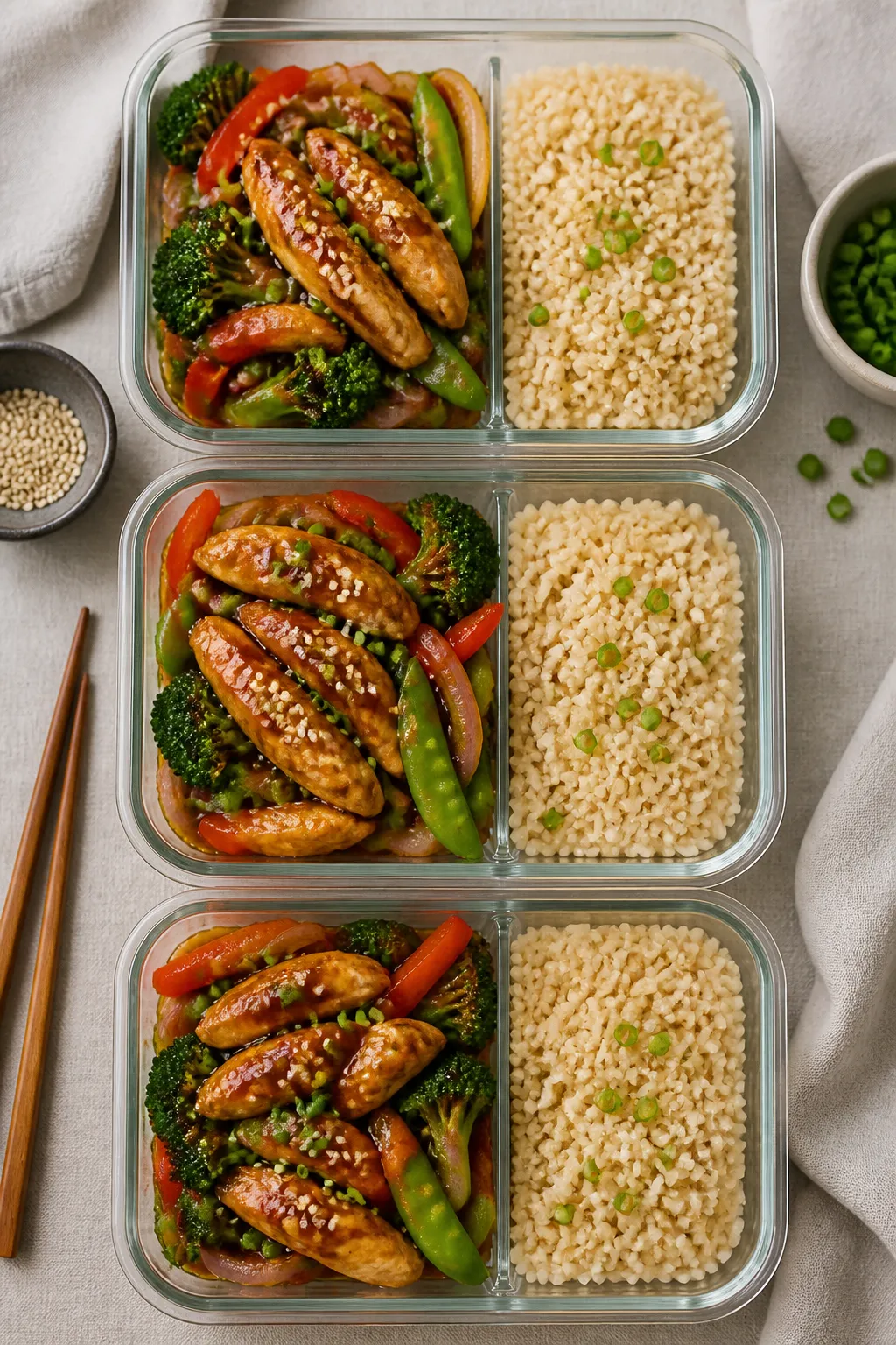 Tasty top view: Overhead shot of meal-prep portions—three neat containers filled with teriyaki chi