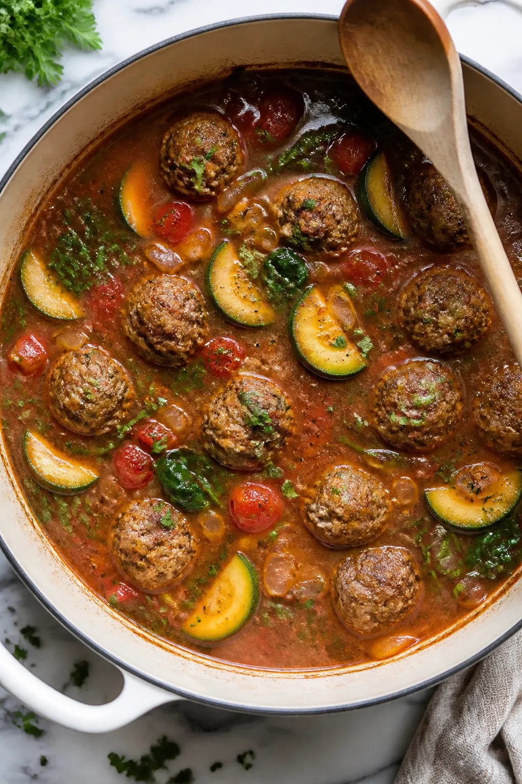 Tasty top view: Overhead shot of simmering Low Carb Italian Meatball Soup in a wide pot, showing plu
