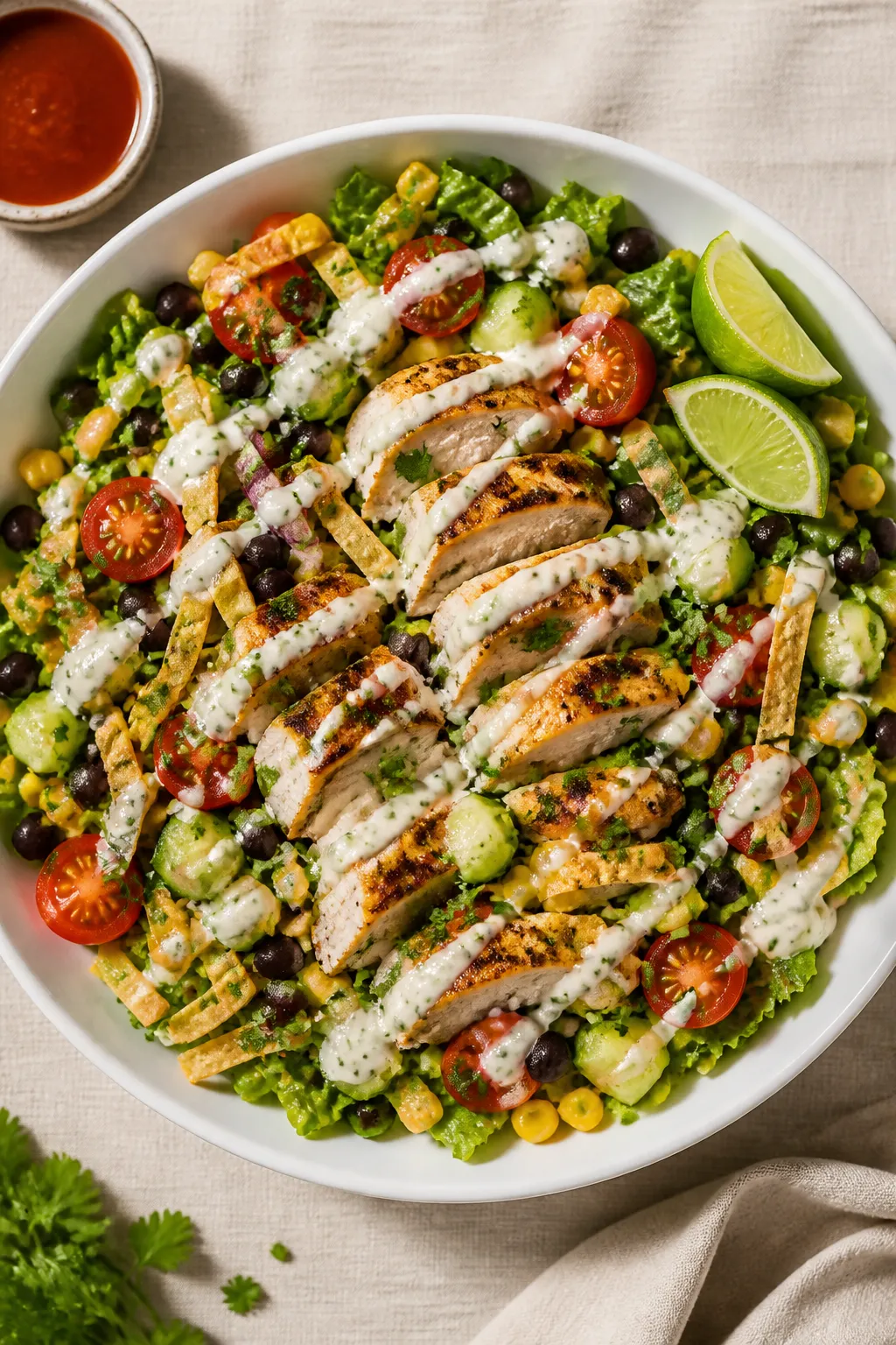 Tasty top view: Overhead shot of the assembled High Protein Chicken Taco Salad in a wide, shallow wh