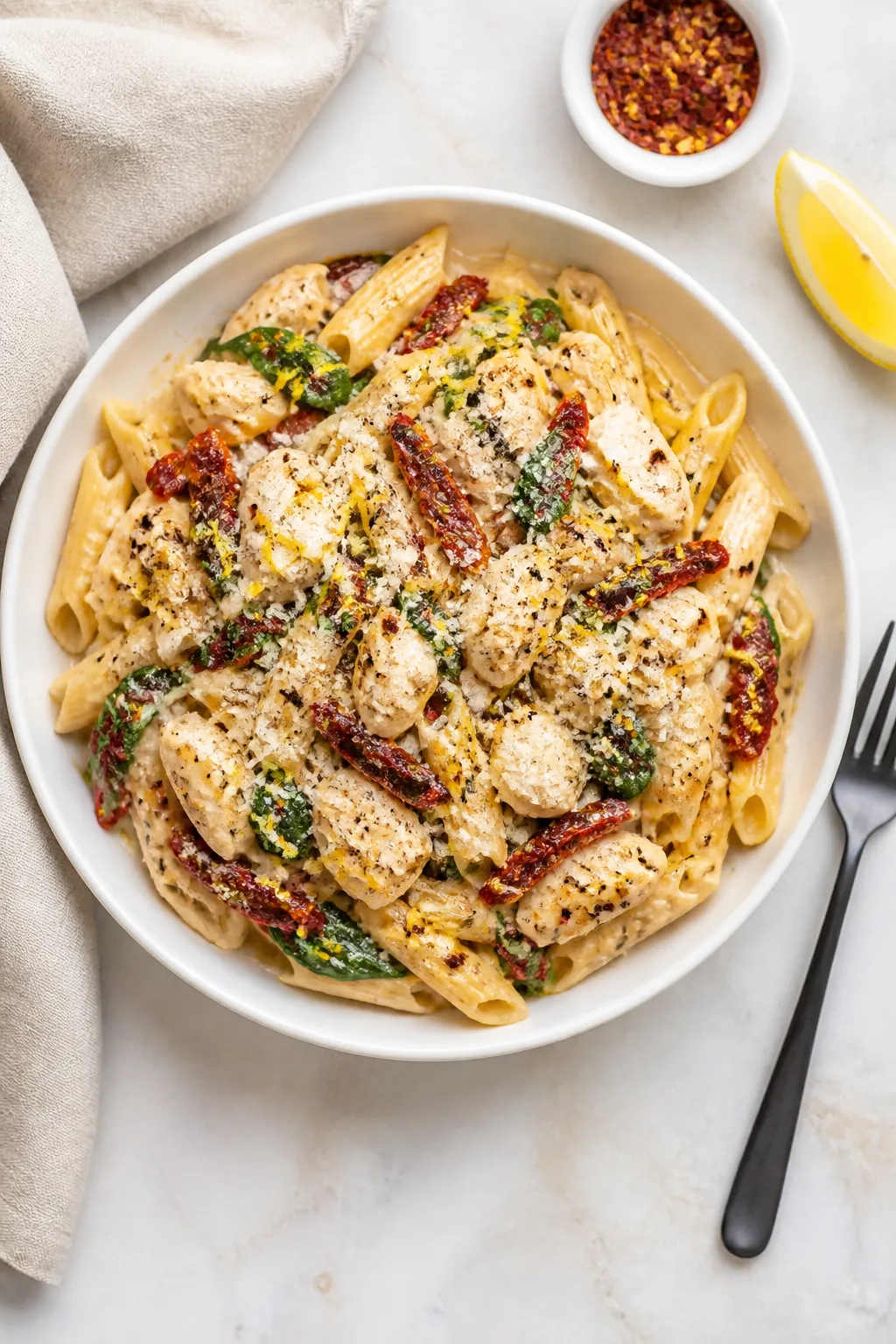 Tasty top view: Overhead shot of the final plated High Protein Rotisserie Chicken Creamy Tuscan Past
