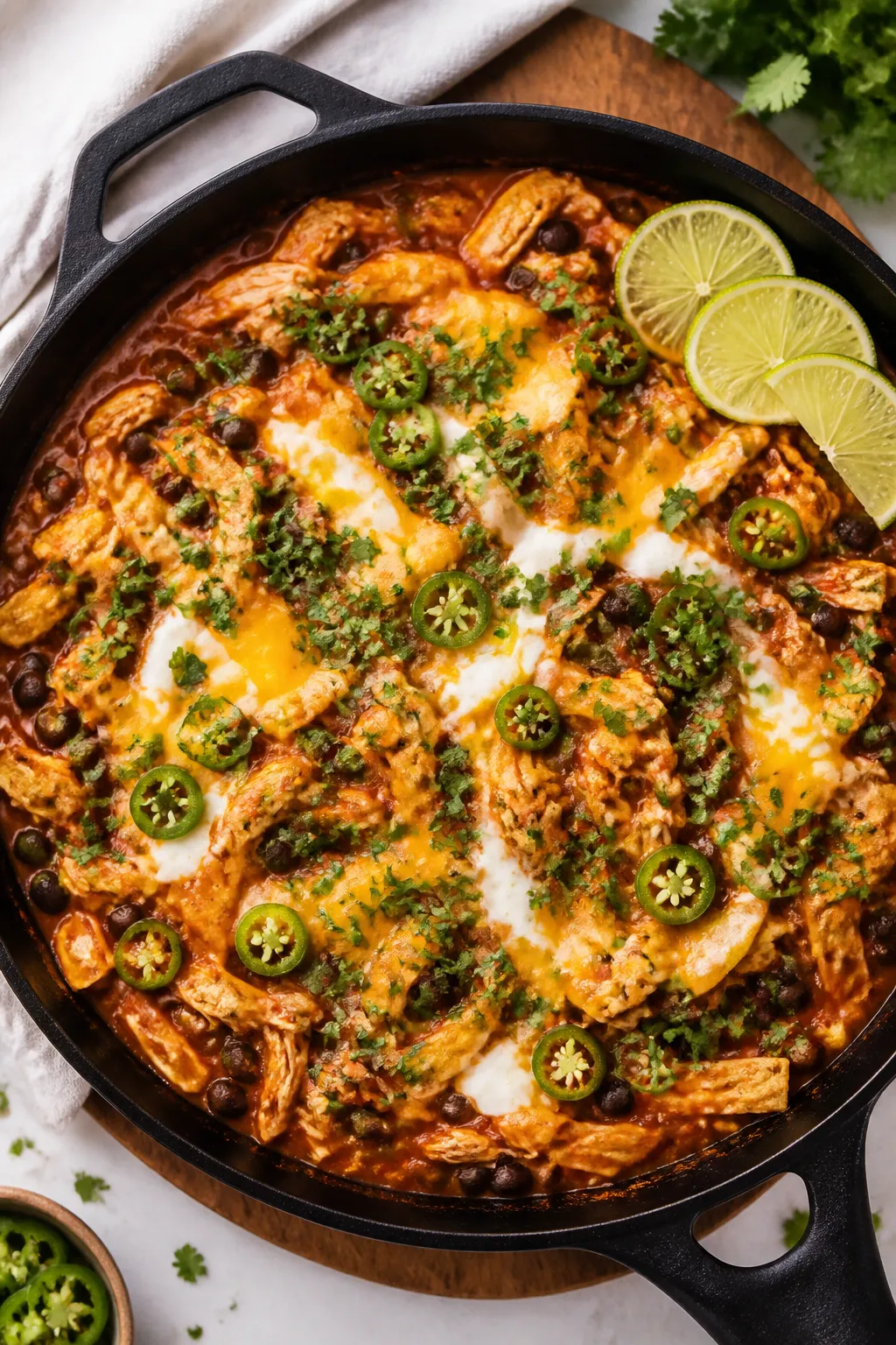 Tasty top view: Overhead shot of the finished High Protein Chicken Enchilada Skillet just after melt