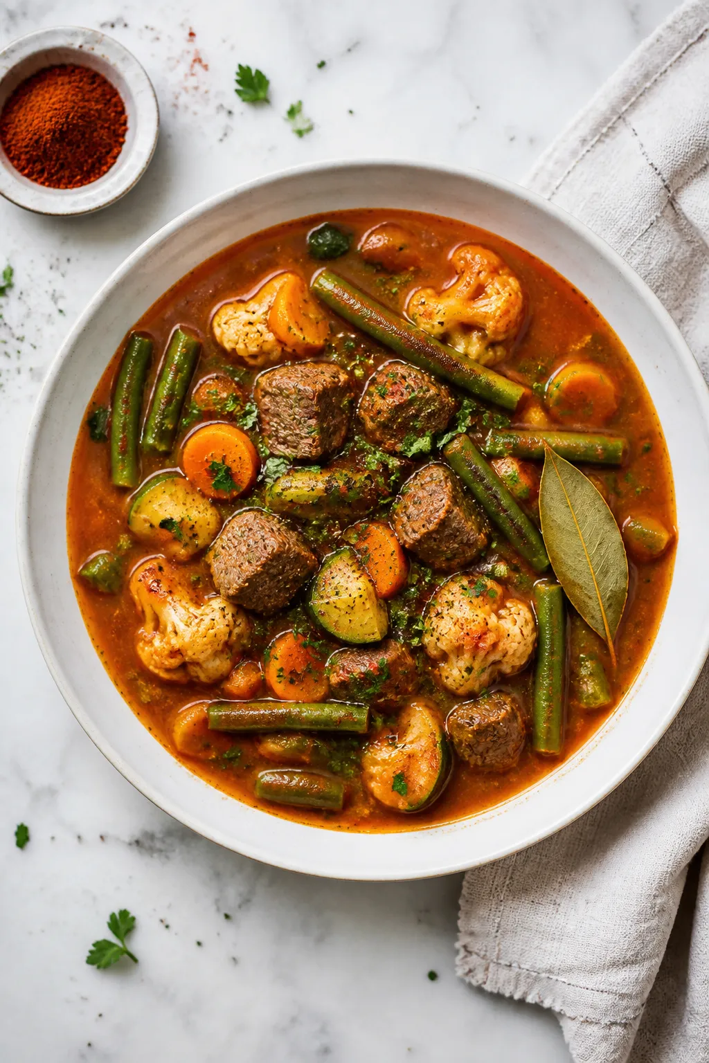 Tasty top view: Overhead shot of the finished Low Carb Beef Vegetable Soup in a wide, shallow white
