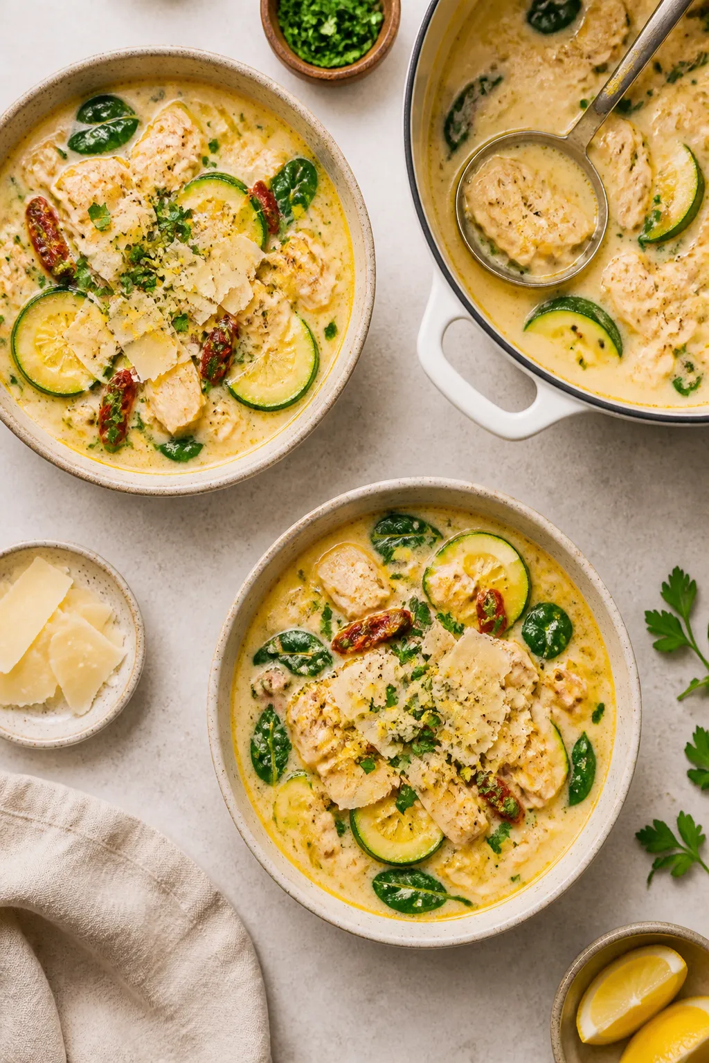 Tasty top view: Overhead shot of two bowls of the finished soup arranged diagonally, showing even di
