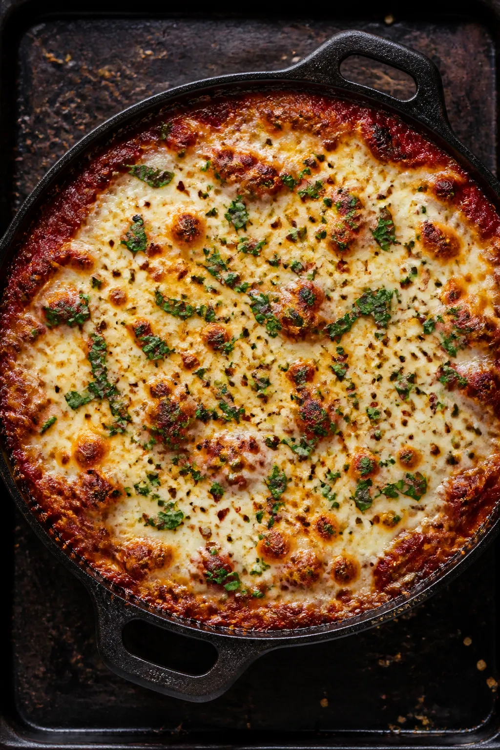 Tasty top view — Overhead shot right after broil: skillet filled edge-to-edge with melted, bubblin