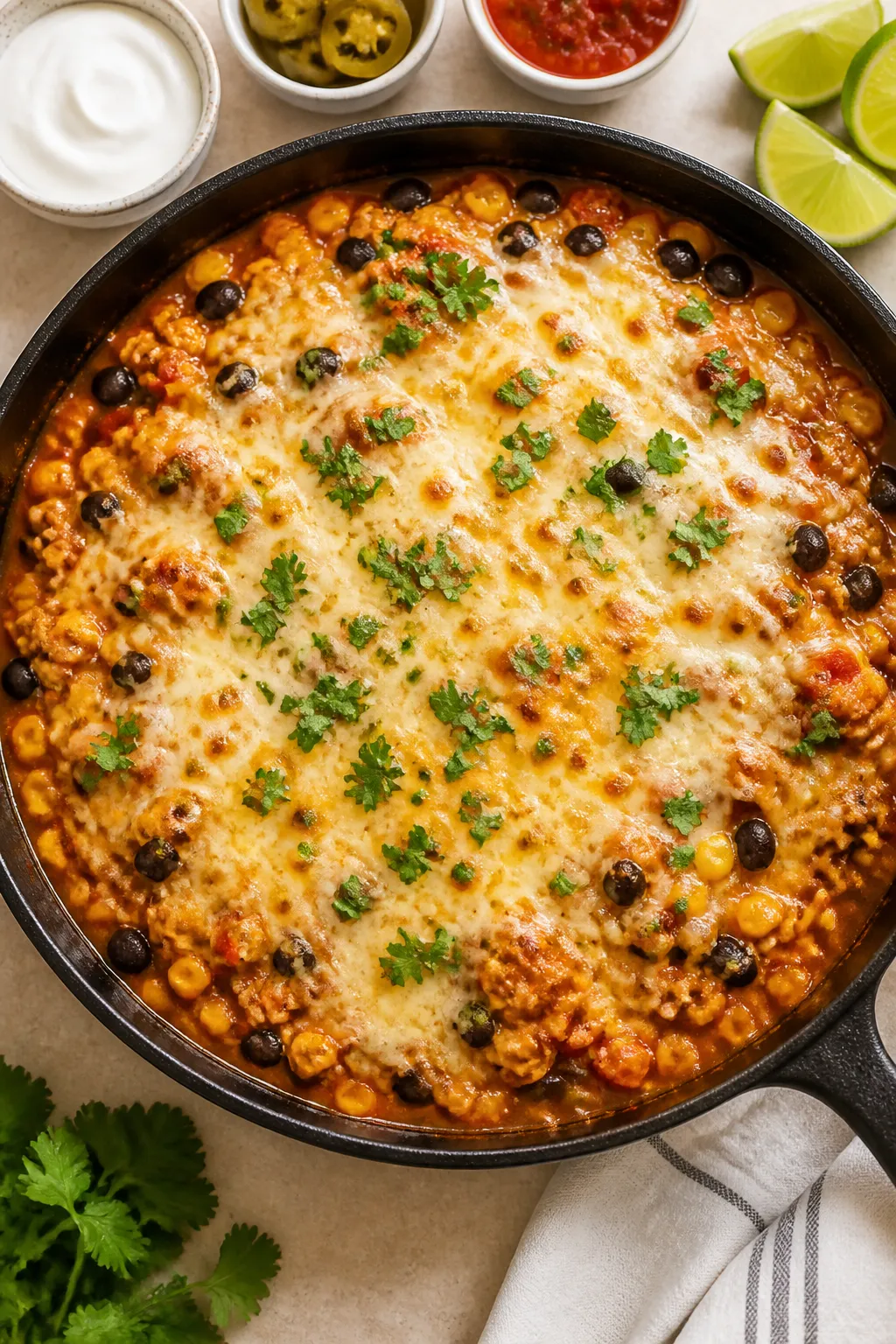 Tasty top view, overhead skillet finish: Overhead shot of the Healthy Ground Chicken Enchilada Skill