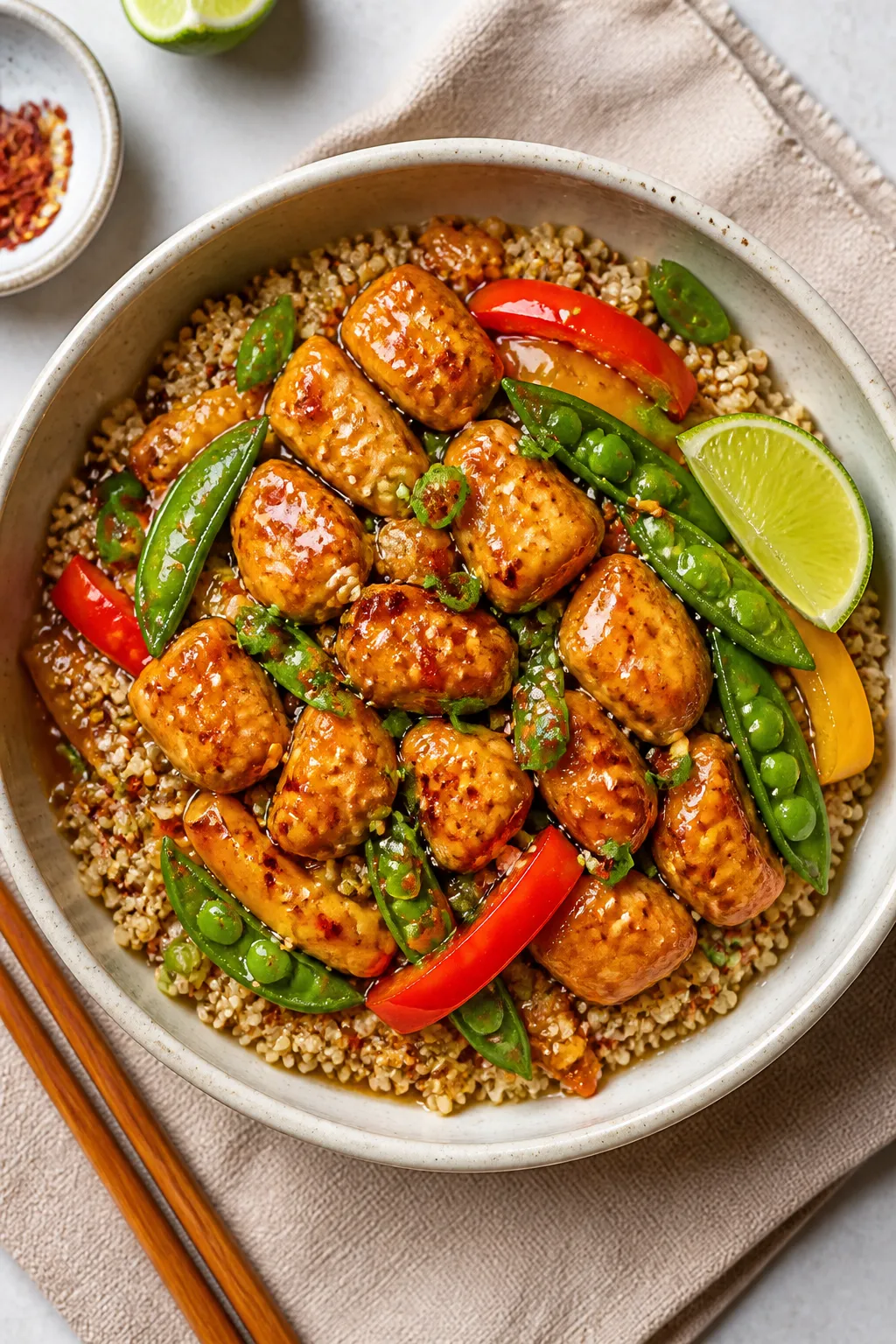 Tasty top view â Plated serving: Overhead shot of a single serving bowl of honey garlic chicken ov