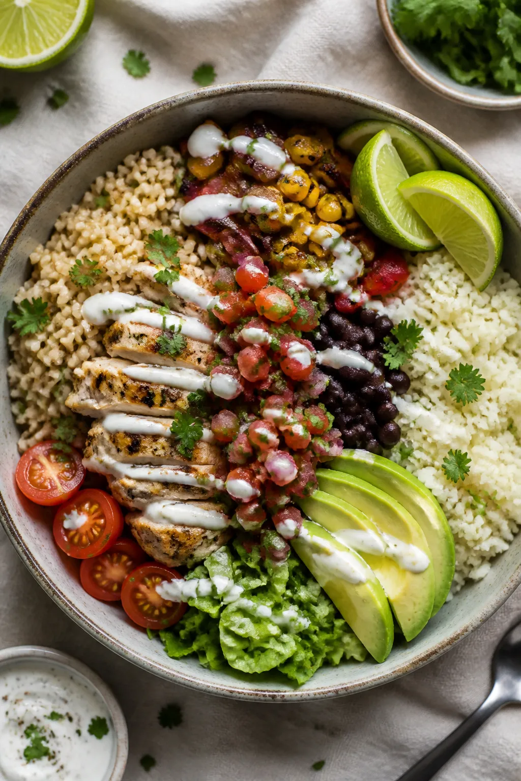 Tasty top view — Skinny Chicken Burrito Bowl assembly: Overhead shot of a vibrant bowl layered wit