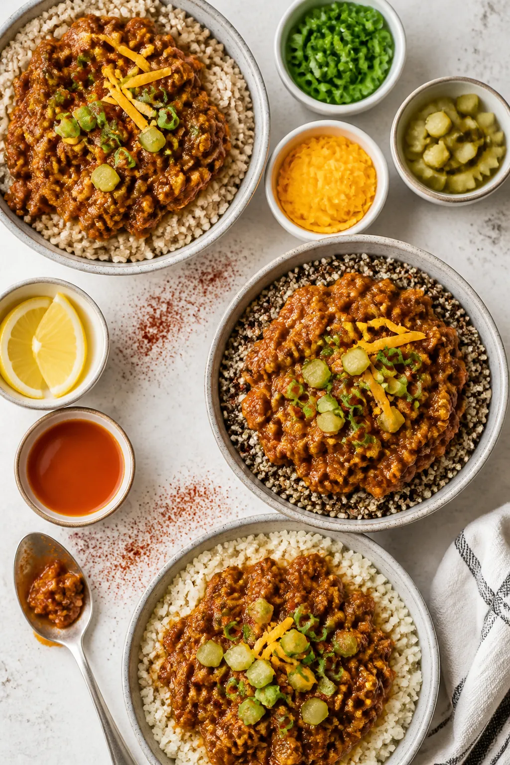 Tasty top-view variety: Overhead shot of a build-your-own sloppy joe bowl spreadâthree bowls: one